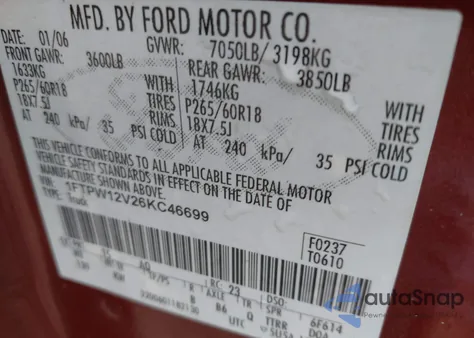 2006 Ford F-150 Lariat/Xlt from USA, damaged, VIN 1FTPW12V26KC46699